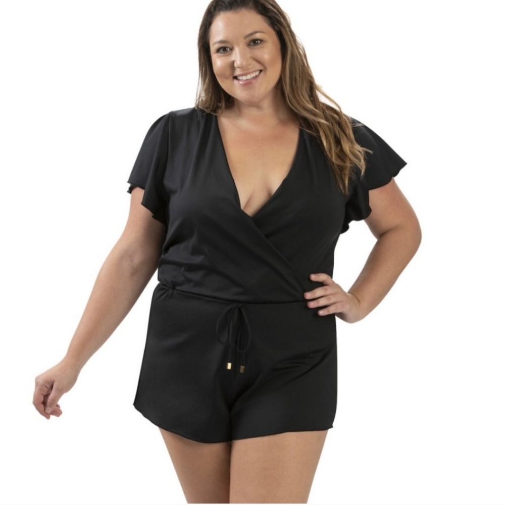 Women's 22 Dolfin Aquashape UPF 50+ Solid Surplice One-Piece Swim Romper NWT